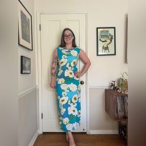 60s Vintage Blue Cotton Hawaiian Wiggle Dress